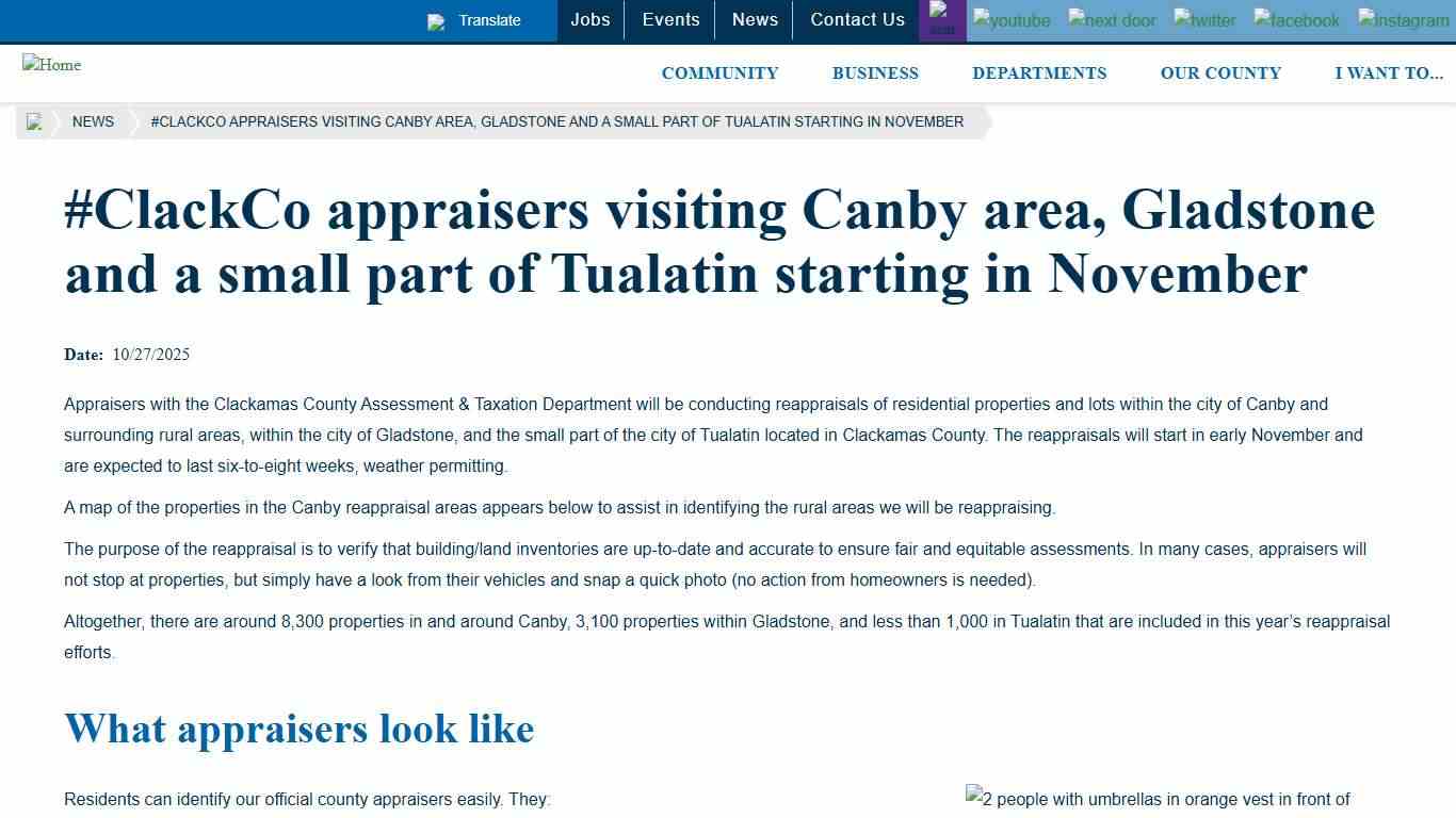#ClackCo appraisers visiting Canby area, Gladstone and a small part of Tualatin starting in November Clackamas County