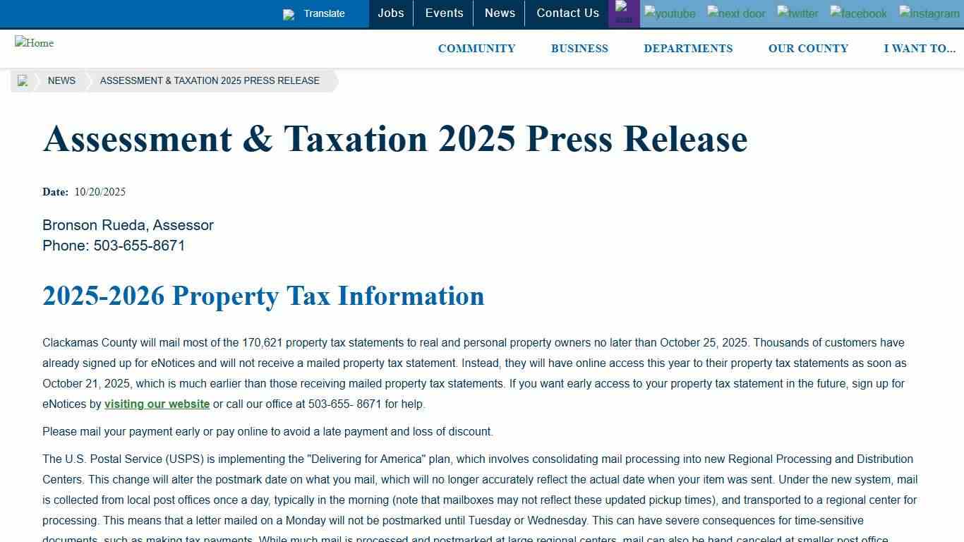 Assessment & Taxation 2025 Press Release Clackamas County