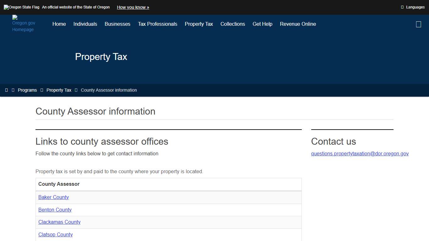 Oregon Department of Revenue : County Assessor information : Property Tax : State of Oregon